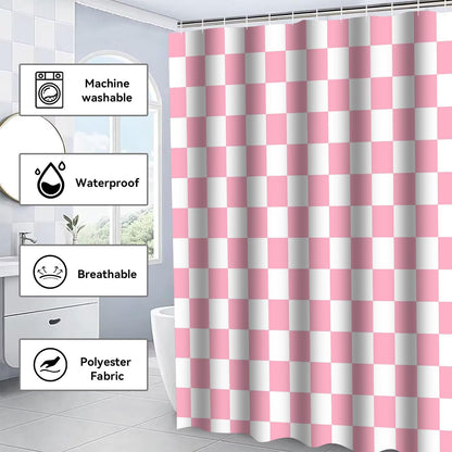 4 PCS Checkered Shower Curtain Sets Fun Gingham Bathroom Sets Soft Non Slip Bath Rugs Toilet Cover U-Shaped Mat Retro Bright Waterproof Shower Curtains with 12 Hooks for Tub Toilet, Pink