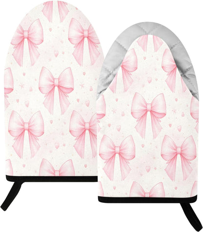 Bows Light Pink Non-Slip Oven Mitts Set Heat Resistant Kitchen Gloves with Quilted Liner Cotton Machine Washable with Hanging Loop for Baking Grilling BBQ