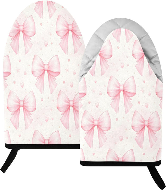 Bows Light Pink Non-Slip Oven Mitts Set Heat Resistant Kitchen Gloves with Quilted Liner Cotton Machine Washable with Hanging Loop for Baking Grilling BBQ