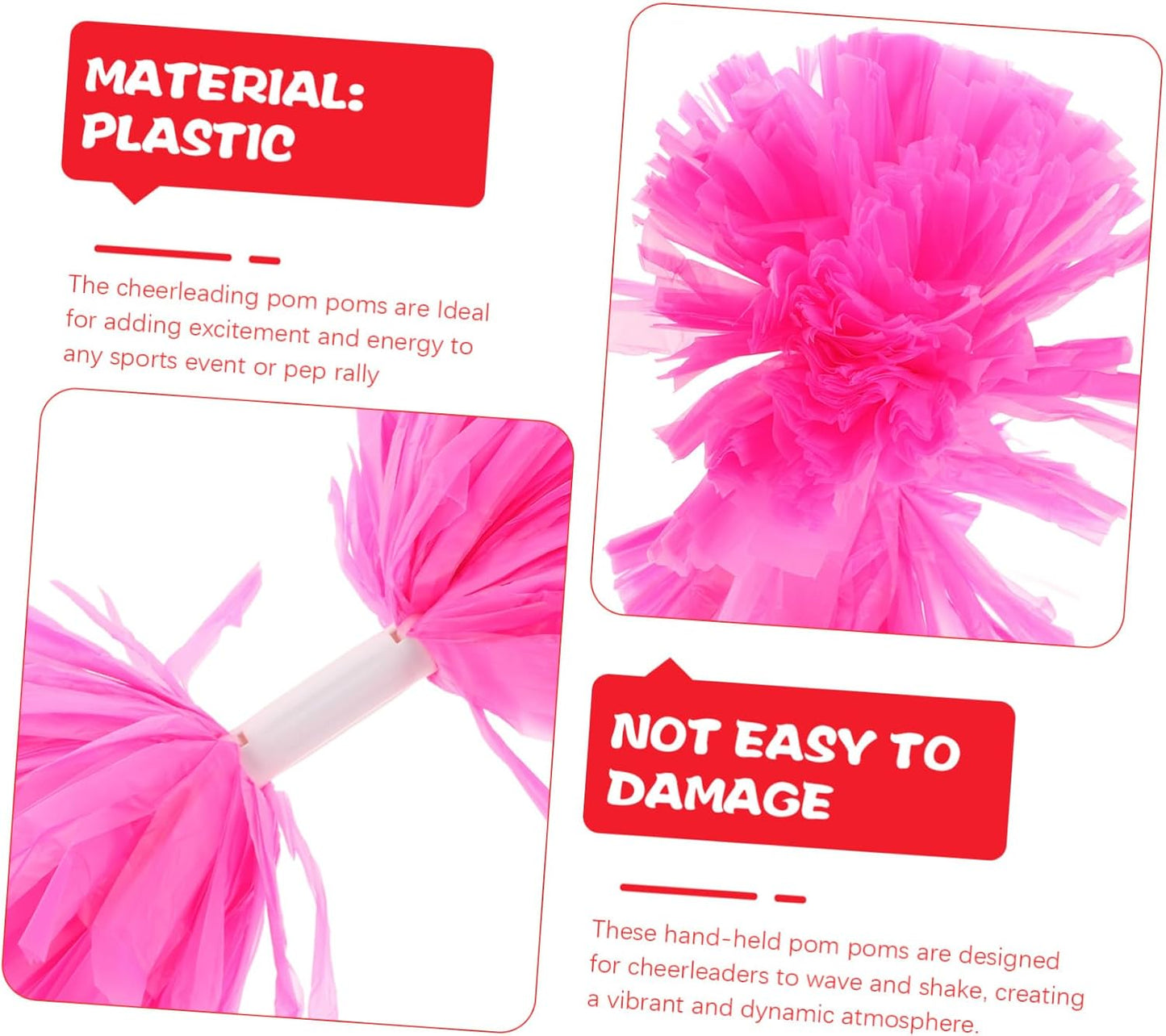 2PCS Pink Handheld Cheerleading Pom Poms with Handles for Team Dance Games Portable Lightweight Spirit Accessories for Festival Celebration