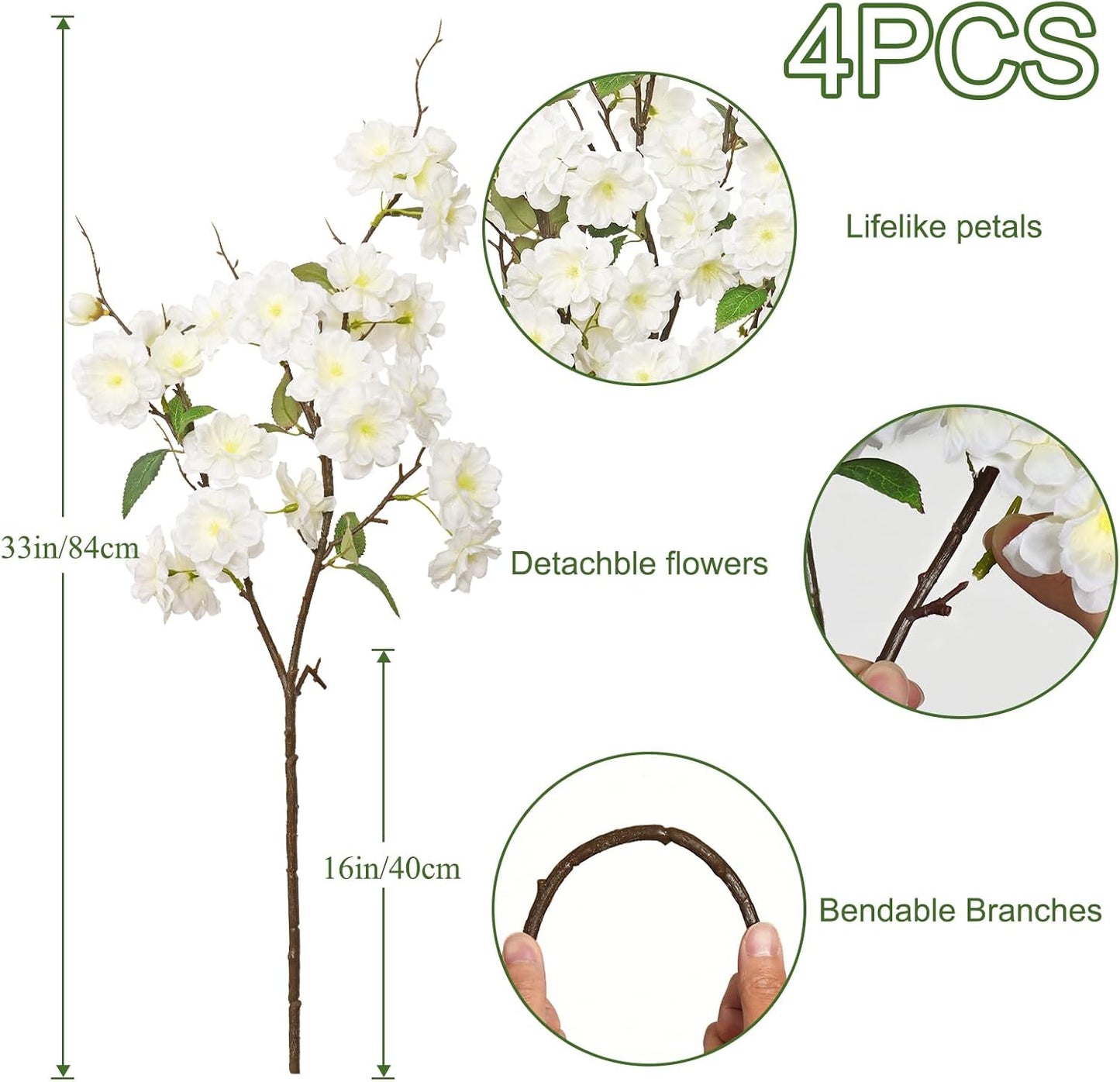 KHOYIME Artificial Cherry Blossom Branches 4PCS White Fake Silk Flowers Faux Long Stems Realistic Cherry Peach Floral Plants Spring Decor for Vase Table Centerpiece Indoor Home Office Wedding Party