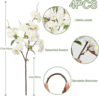 KHOYIME Artificial Cherry Blossom Branches 4PCS White Fake Silk Flowers Faux Long Stems Realistic Cherry Peach Floral Plants Spring Decor for Vase Table Centerpiece Indoor Home Office Wedding Party