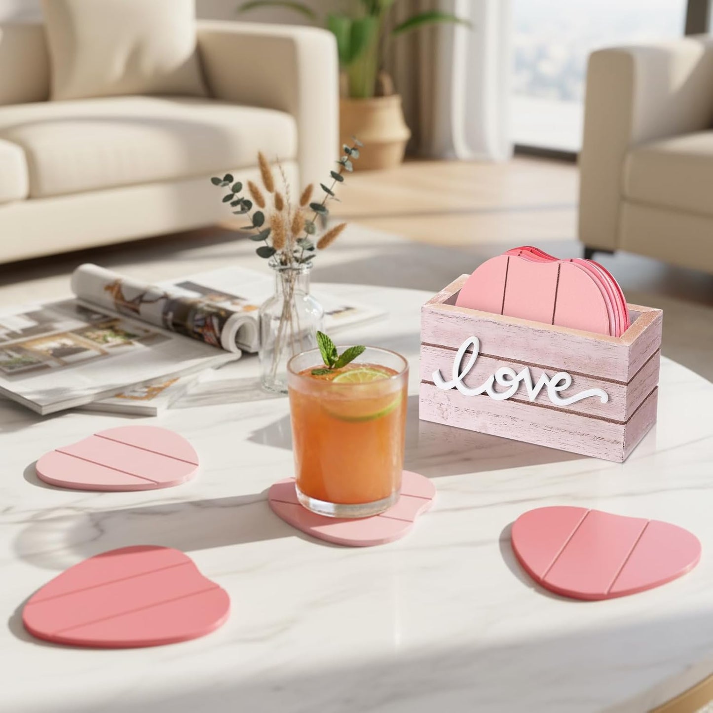Patelai Set of 6 Wooden Heart Coasters House Warming Gifts New Home White Elephant Gifts for Adults Funny Farmhouse Coasters with Holder for Coffee Table Protection Decoration(Love,Pink)