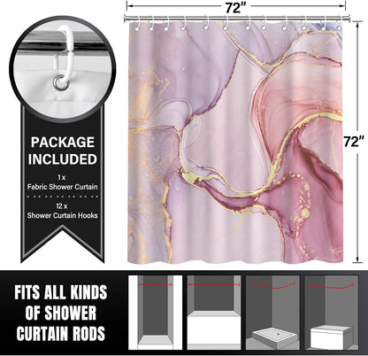 KAIRA Pink Marble Pattern Shower Curtain, 72" W x 72" L, Waterproof and Durable Polyester Fabric, Easy to Clean, Modern Aesthetic Ink Texture Shower Curtain Set with Hooks