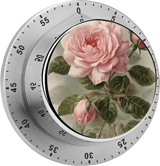 Mechanical Kitchen Timer with Magnetic Back, Stainless Steel Manual Vintage Pink Rose Printed Timer for Cooking and Time Management
