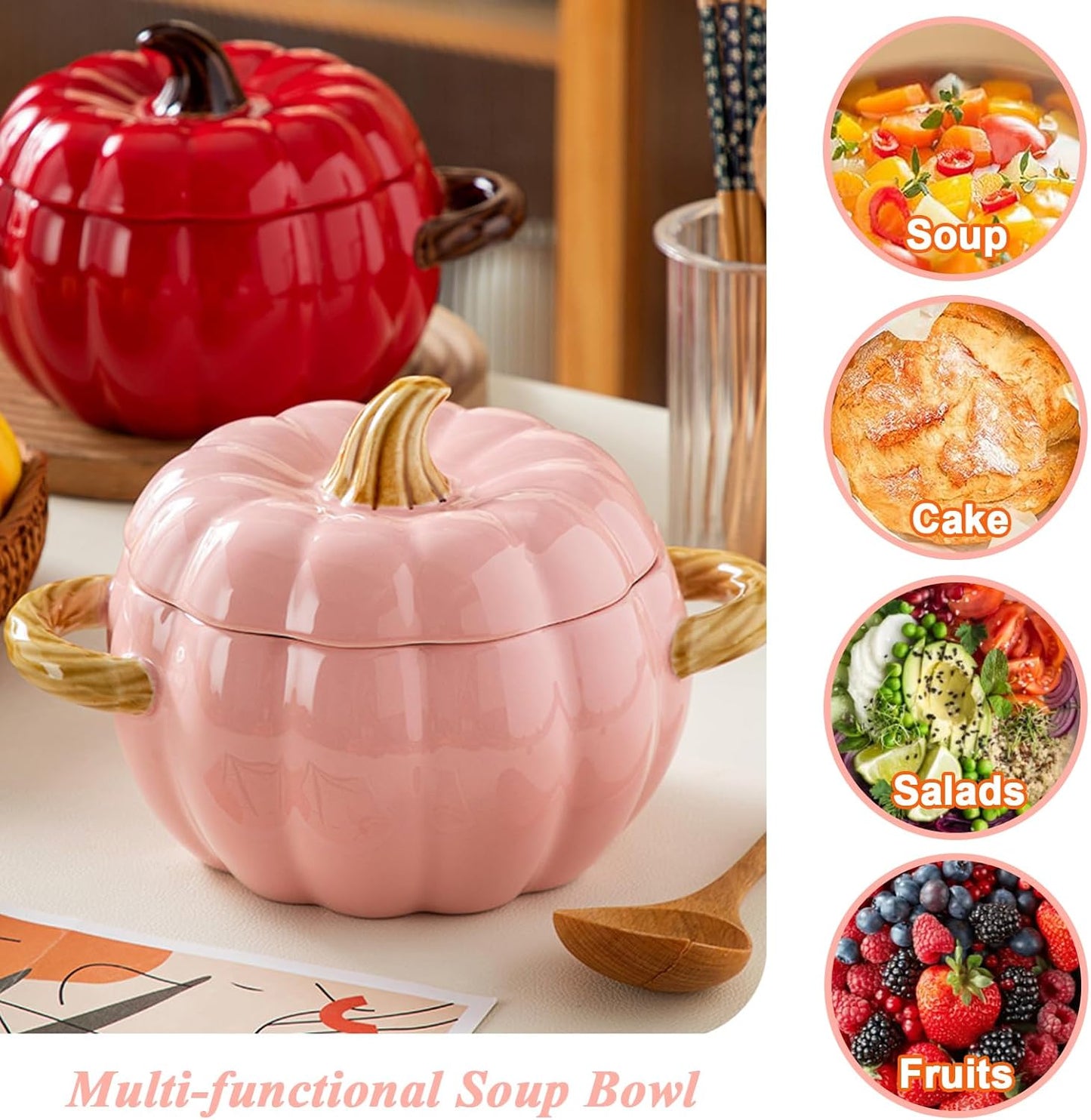Pumpkin Soup Bowl, 64oz Ceramic Pumpkin Pot Microwave & Dishwasher Safe Casserole Dish with Lid, Dutch Oven Pot Stockpot Cookware for Home Thanksgiving Halloween Party (Pink)