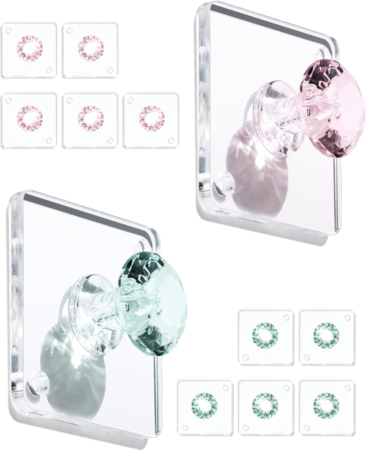 Zreal Diamond Acrylic Adhesive Wall Hooks, 12-Pack Small Decorative Hooks for Keys, Jewelry, Towels, Kitchen & Bathroom (Green & Pink)