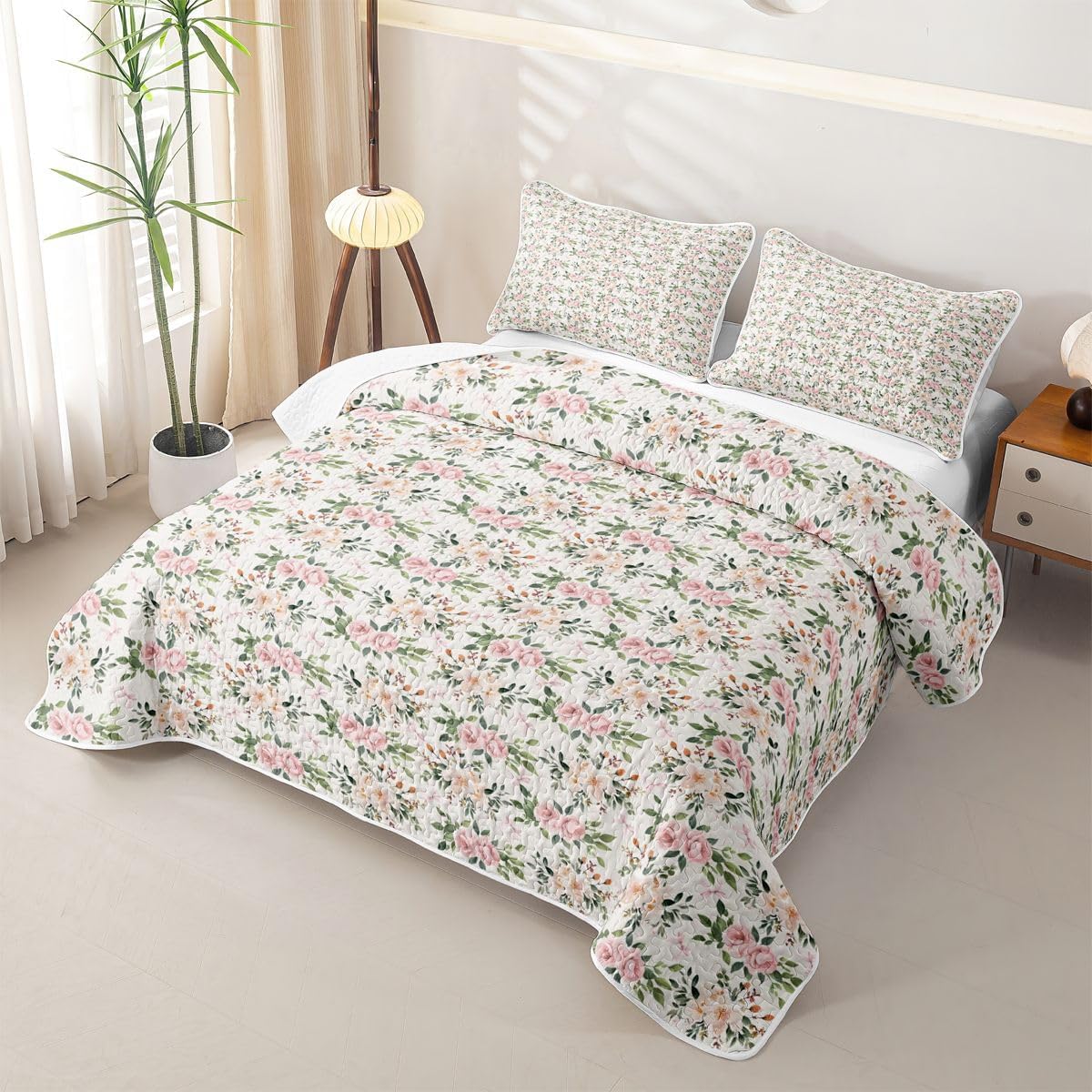 Erosebridal Flower Quilt Set Rose Quilt Queen Peach Blossom Kawaii Ribbon Bow Quilted Coverlet Princess Girly Leaves Floral Theme Bedspread Lightweight