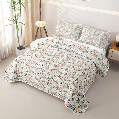 Erosebridal Flower Quilt Set Rose Quilt Queen Peach Blossom Kawaii Ribbon Bow Quilted Coverlet Princess Girly Leaves Floral Theme Bedspread Lightweight