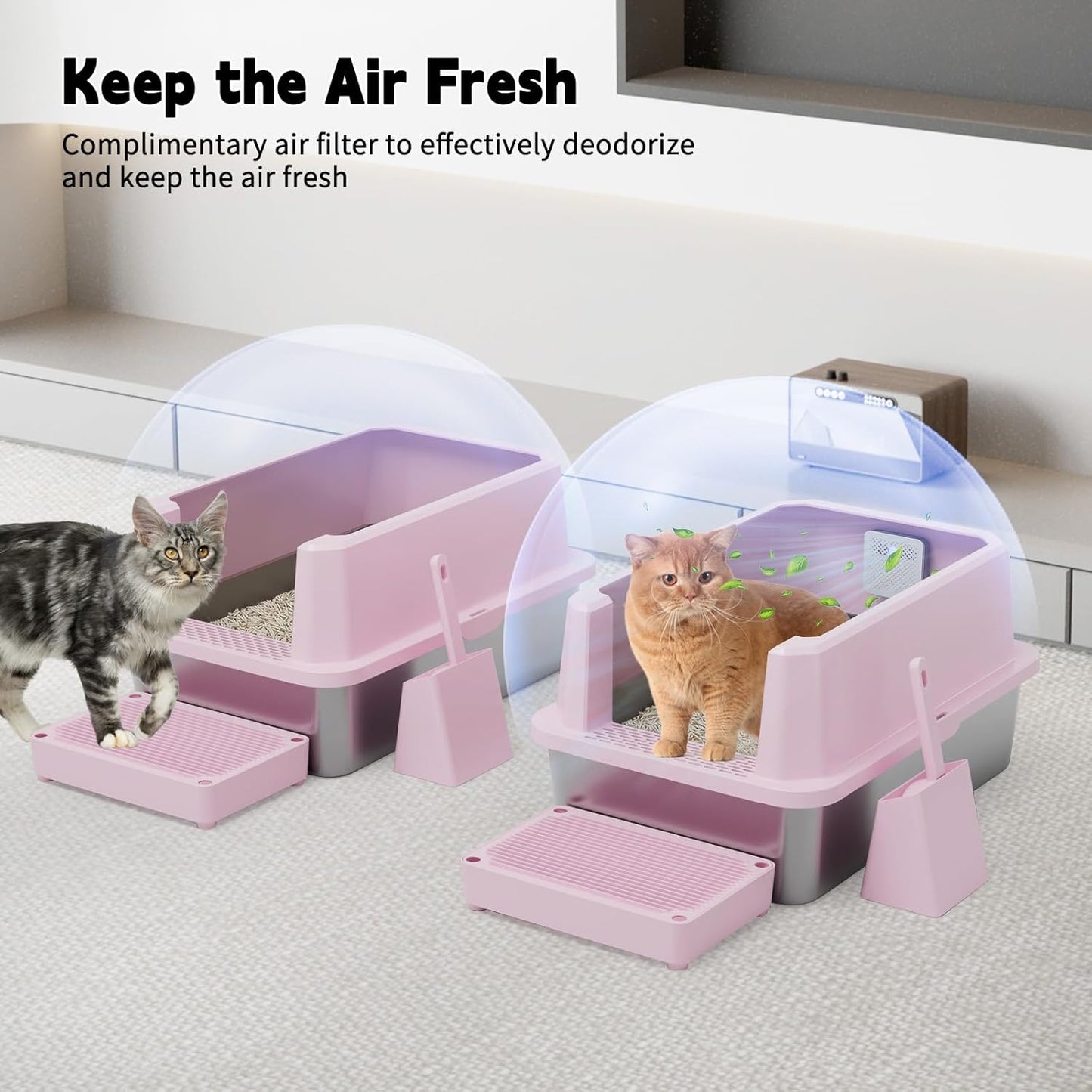 RIZZARI 2-Pack Open-Top Stainless Steel Cat Litter Boxes - Large Pink, Non-Stick & Odor Resistant, Easy-Clean Trays with High Sides, for Indoor Use, Apartments & Multi-Cat Homes