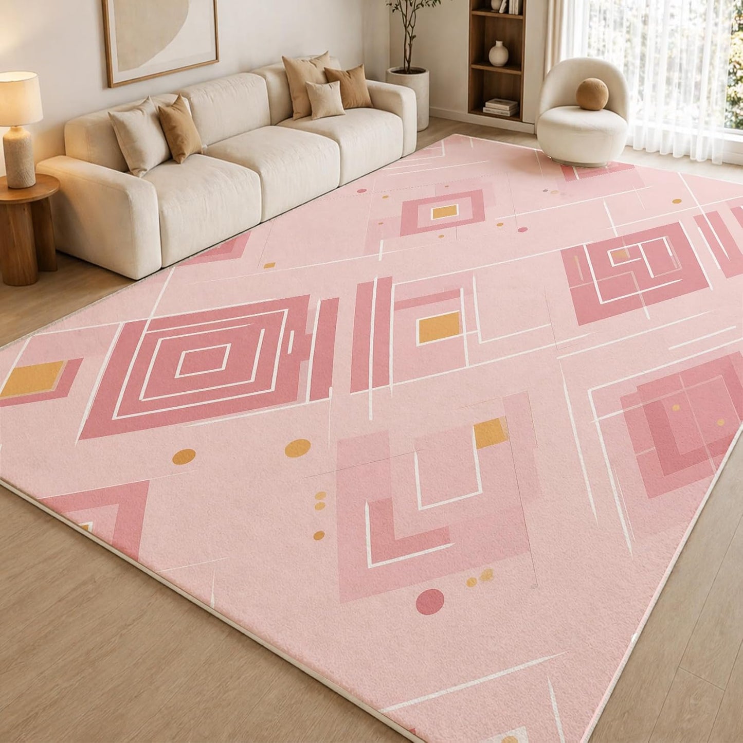 Modern Geometry 5x7 Area Rugs for Living Room, Washable Abstract Geometric Large Rug, Minimalist Pink Pattern Carpet Soft Low Pile Non Slip for Bedroom Home Decor HEC7sc