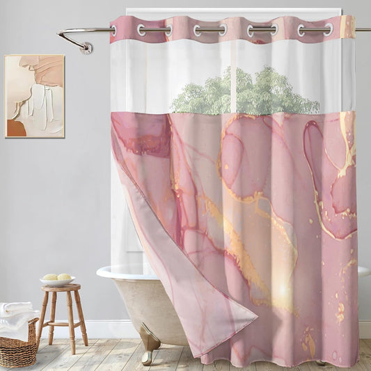 Lnond No Hooks Shower Curtain with Snap in Liner, Pink Gold Marble Hookless Shower Curtain for Bathroom,Machine Washable, 71" (W) X 74" (H)