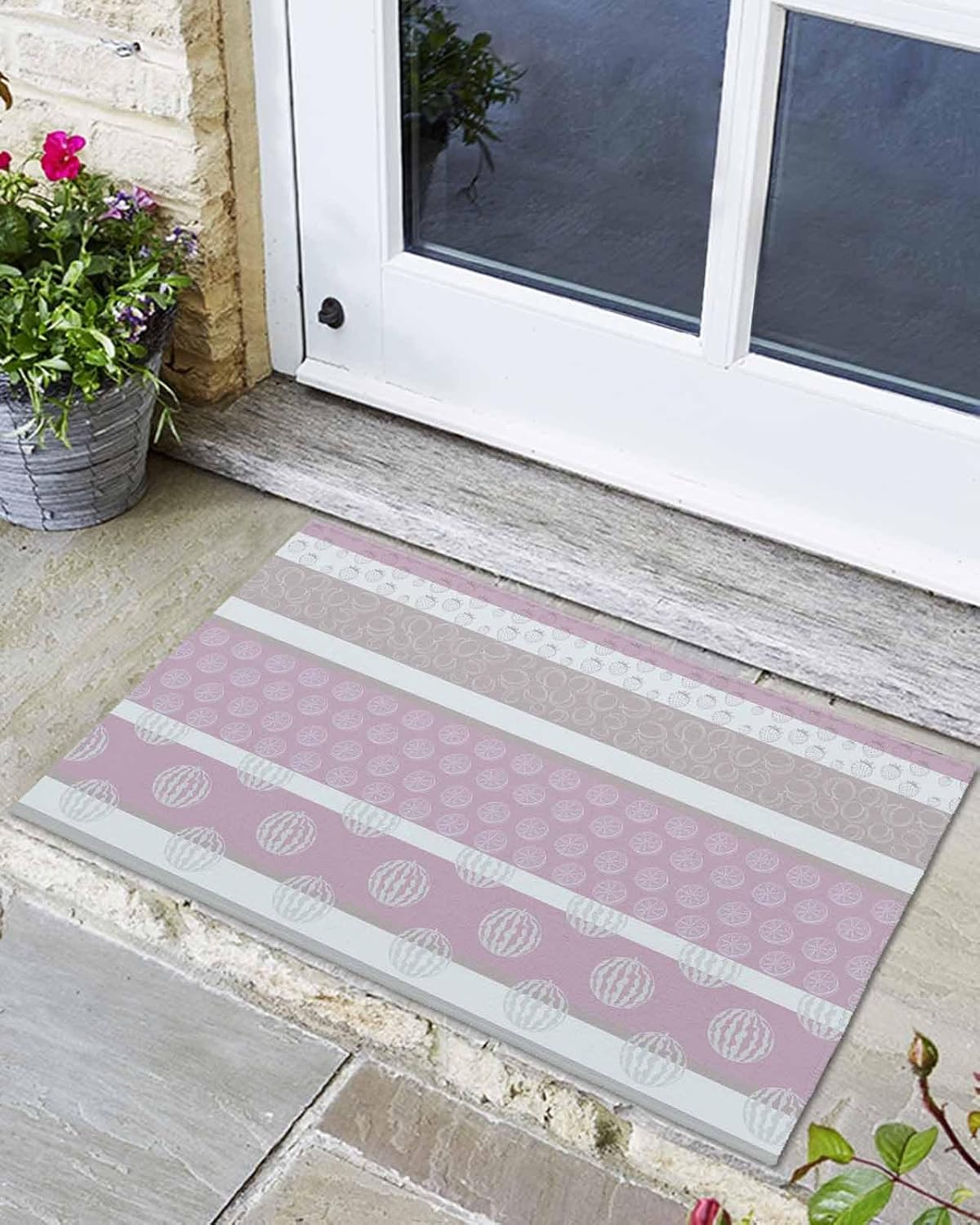 Farm Fruits Door Mat Indoor/Outdoor Entrance, Non Slip Welcome Floor Mats, Watermelon Lemons Peach Pink Grey Striped Absorbent Rug Shoes Scraper Low Profile Front Door Mat for Patio Porch 18"x30"