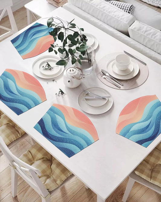 Round Table Placemats Set of 4, Blue Peach Layered Ocean Waves Wedge Table Mat Washable Placemat, Gradient Striped Fan Shape Place Mats for Kitchen Indoor Outdoor