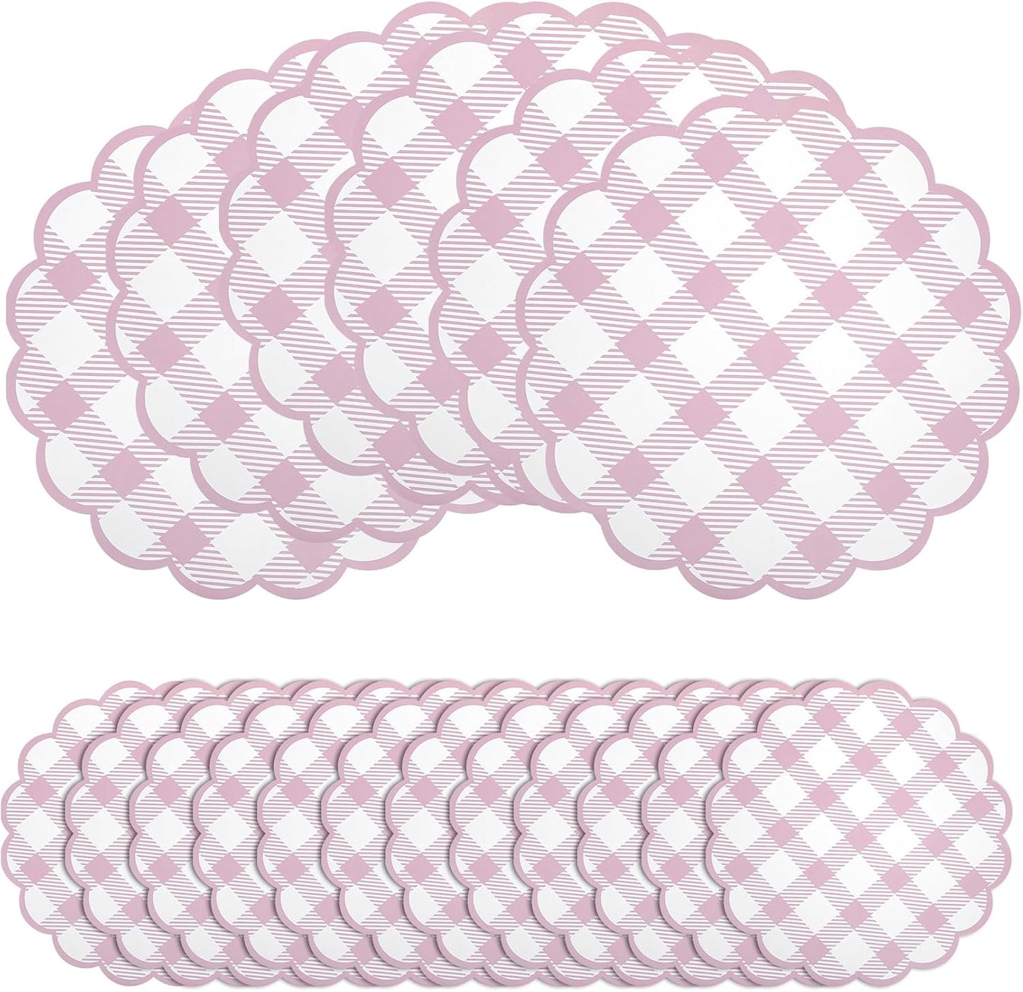 48Pcs Pink Checkered Paper Placemats 13.5 Inch Scalloped Round Disposable Gingham Place Mats, Waterproof Decorative Table Mats for Baby Shower Outdoor Picnic BBQ Birthday Tea Party