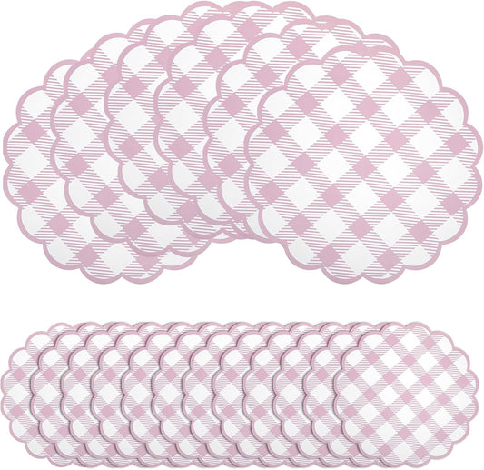48Pcs Pink Checkered Paper Placemats 13.5 Inch Scalloped Round Disposable Gingham Place Mats, Waterproof Decorative Table Mats for Baby Shower Outdoor Picnic BBQ Birthday Tea Party