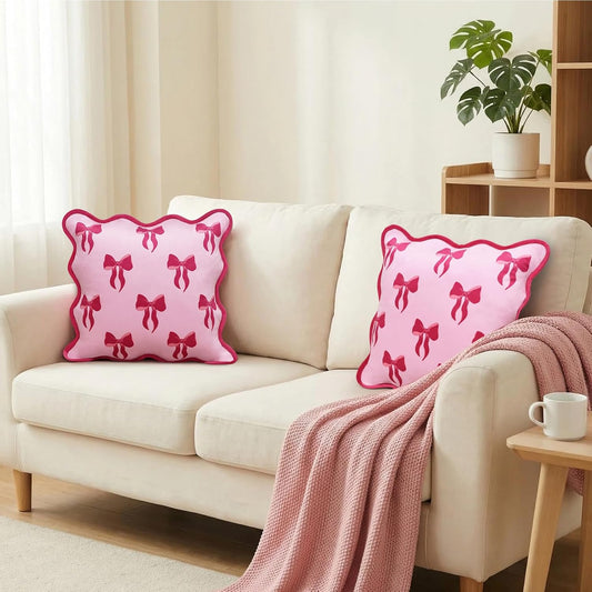 Pink Bow Pillow Covers 18x18 Set of 2, Scalloped Pillow Cases,Plush Bowknot Aesthetic Decor for Bed Sofa Couch,All Season Christmas Home Accents