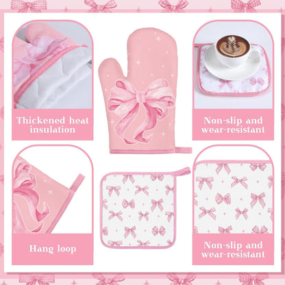 Fourluoo 13 Pcs Pink Bow Kitchen Decor Set 4 Coquette Kitchen Towels 2 Cute Nonslip Rugs and Mats 3 Pink Curtains Valance 2 Pot Holders 2 Oven Mitt for Home Decoration Mom Cooking Grilling Baking Gift