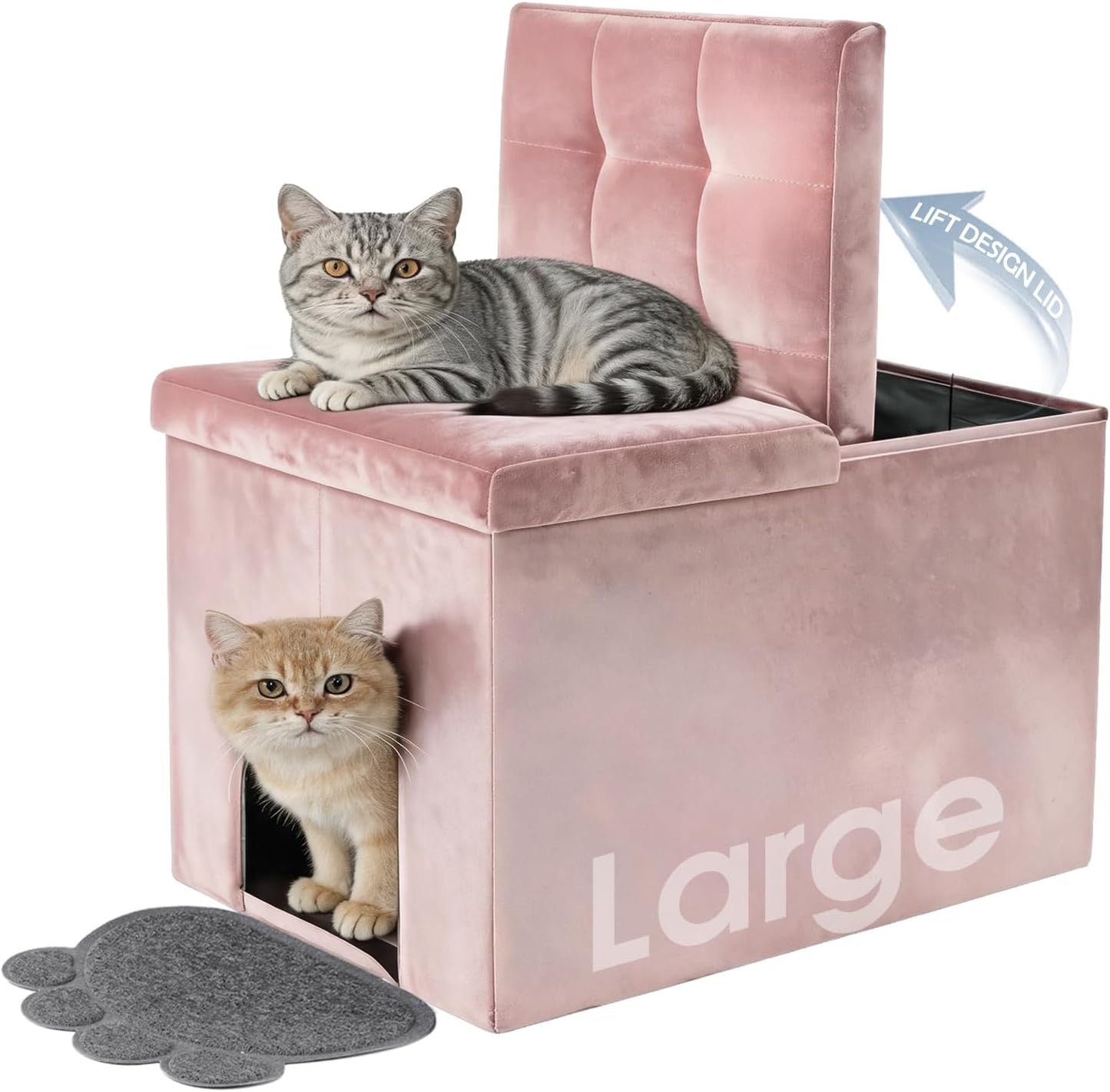MEEXPAWS Cat Litter Box Enclosure Furniture Hidden Large, Lift Design Lid Velvet Cat Washroom Bench Storage Cabinet |25.6x 17.7 x 17.7 in| Dog Proof|Urine Proof Inside|Quick Assembly| Easy Clean(Pink)