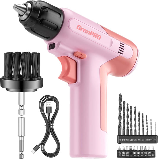GRENPRO Cordless Drill, 7.2V Power Drill Set with 23pcs Acessories, 3/8" Keyless Chuck, Built-in LED, Type-C Charge Cable, Cleaning Brush Head, Pink Electric Screwdriver for Women