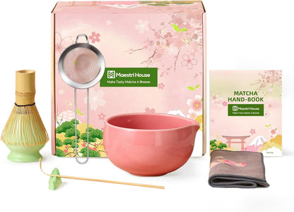 Maestri House Pink Matcha Whisk Set, 7-Pc Complete Matcha Kit with Spouted Ceramic Bowl, Bamboo Whisk and Holder, Scoop, Spoon Rest & Sifter, Tea Cloth – Ideal Gift for Matcha Lovers (Pink)