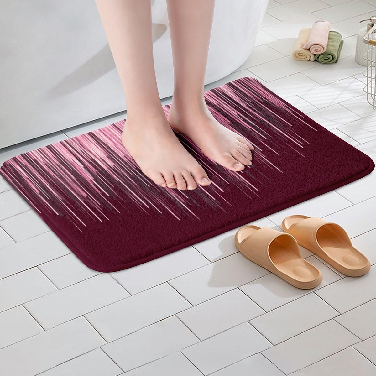 Feelyou Pink Stripes Bathroom Rugs Geometric Ombre Abstract Bath Mats Microfiber Modern Striped Art Bathroom Accessories Luxury Floor Doormats Non-Slip 20"x32" Soft