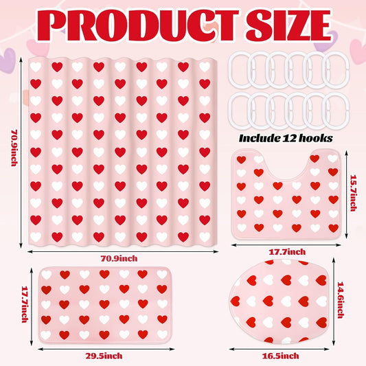 JarThenaAMCS 4Pcs Valentine's Day Bathroom Set Pink Red White Heart Non-Slip Bath Mat U-Shaped Toilet Rug Toilet Lid Cover Shower Curtain with Hooks for Home Hotel Accessories Decoration