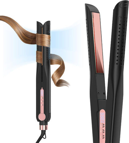 SKIMI Airflow Styler 2.0 Titanium Flat Iron Hair Straightener & Curling Wand, 96 Cool Air Vents for 48H Lasting Style, Dual Voltage for Travel & Home, Anti-Tangle, 5 Temps (Black & Gold Pink).