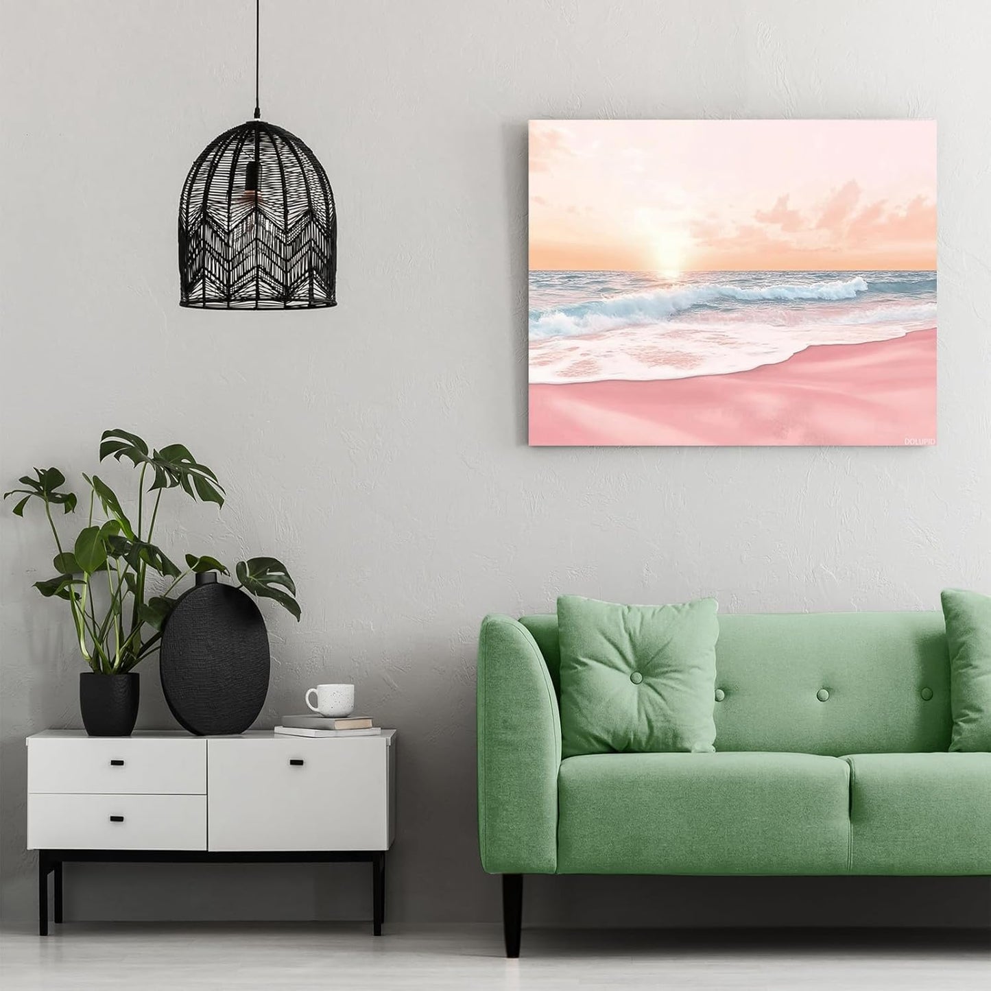 Pink Beach Coastal Landscape Art, Pastel Sunset Print Wall Art, Ocean Waves Painting, Beach Poster, Summer Coastal Wall Decor 8x10inch Ready to Hang Framed
