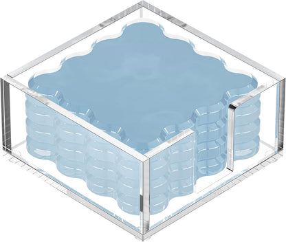 GRAHAM DESIGN Square Scalloped Acrylic Drink Coaster Set 4‑Pack with Square Holder (Light Blue)