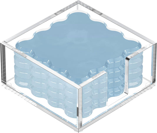 GRAHAM DESIGN Square Scalloped Acrylic Drink Coaster Set 4‑Pack with Square Holder (Light Blue)
