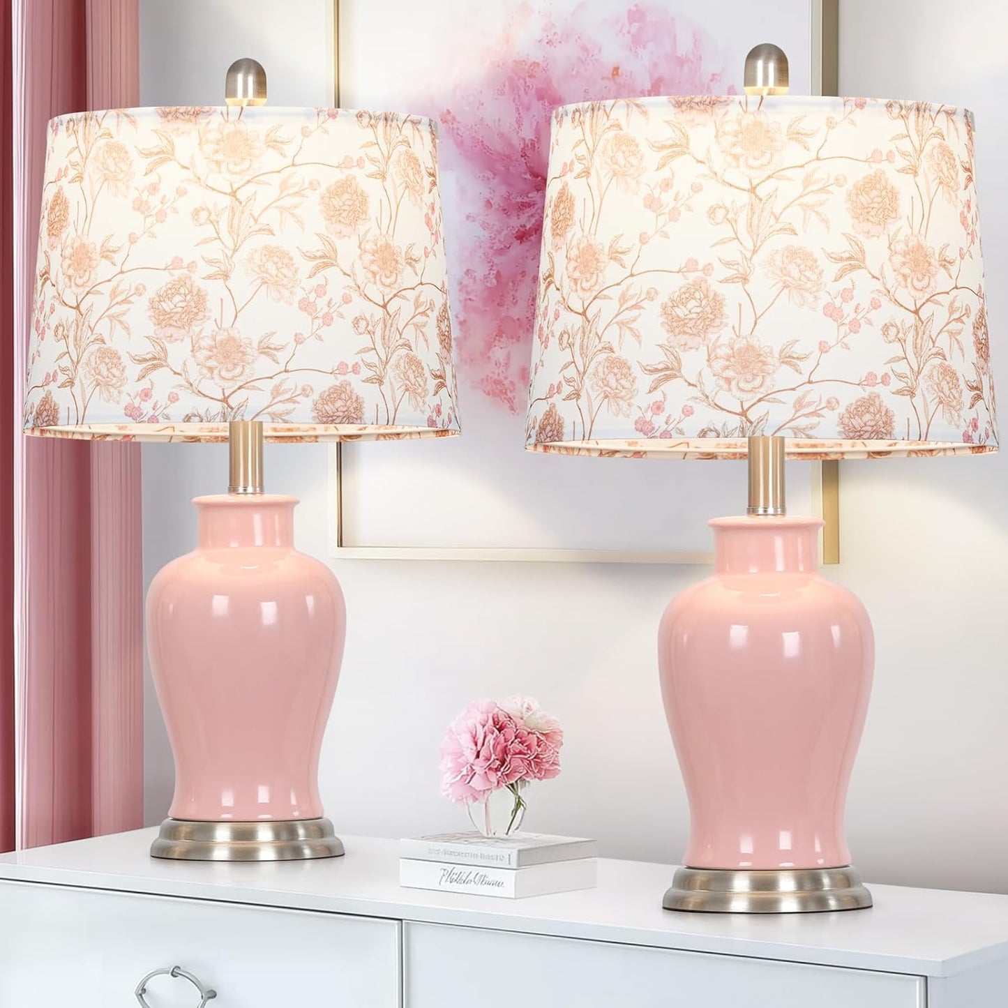 Ruzectt Pink Ceramic Table Lamp with Flower Lampshade, 23" Cute Bedroom Lamp with Ginger Jar Design, Modern Living Room Lamps Set 2, Elegant Bedside Lamps for Nightstand End Table Home Decor