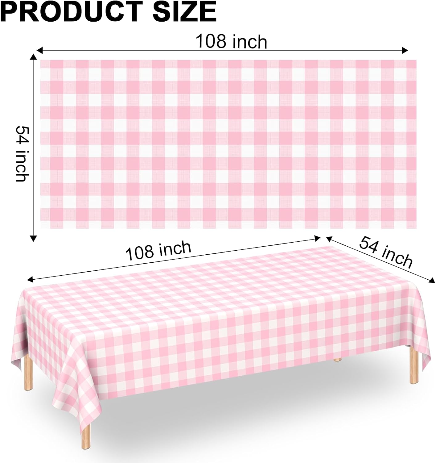 2 Pack Pink Gingham Tablecloth Rectangular Pink and White Checkered Tablecloths Disposable Plastic Pink Plaid Table Cover for Parties, Outdoor Picnic, Birthday, Wedding, Camping 54 × 108 Inch