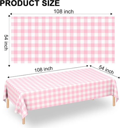 2 Pack Pink Gingham Tablecloth Rectangular Pink and White Checkered Tablecloths Disposable Plastic Pink Plaid Table Cover for Parties, Outdoor Picnic, Birthday, Wedding, Camping 54 × 108 Inch