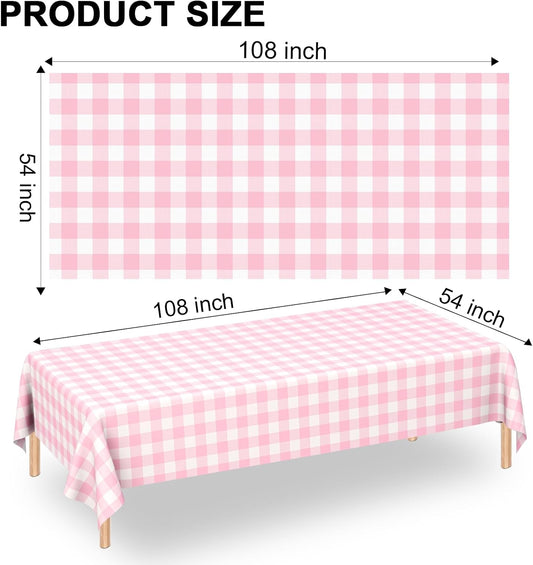 2 Pack Pink Gingham Tablecloth Rectangular Pink and White Checkered Tablecloths Disposable Plastic Pink Plaid Table Cover for Parties, Outdoor Picnic, Birthday, Wedding, Camping 54 × 108 Inch