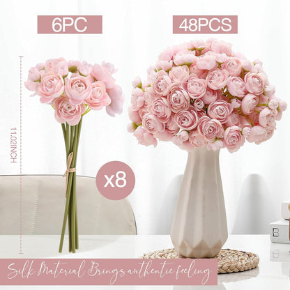 Giegxin 48 Pcs Ranunculus Artificial Flower,Real to Lifelike Peonies Artificial Flower Silk Faux DIY Bouquet for Wedding Bridal Shower Valentine Centerpieces Arrangements Home Decorations(Pink)
