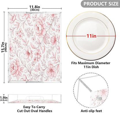 Kigai Abstract Pink Floral Serving Tray with Handles, 12x16 Inch Decorative Acrylic Tray Organizer, Multi-Purpose Sturdy Serving Platter for Coffee Table, Kitchen, Vanity, Nightstand