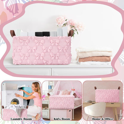 Kathfly 3 Pcs Bow Foldable Storage Baskets Pink Bow Plush Faux Fur Jacquard Design Laundry Basket with Handles Waterproof Storage Bins Fabric Shelf Baskets for Organizing Closet Clothes