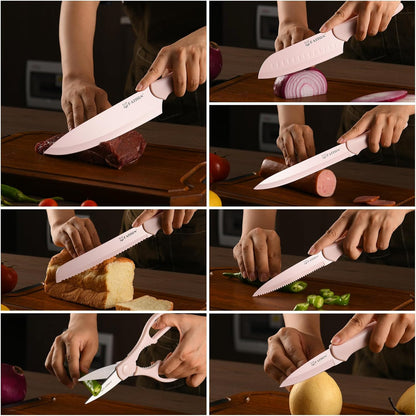 Kitchen Knife Set with Guards, 13 Piece Pink Non-Stick Boxed Knives Set, Anti-Rust and Dishwasher Safe, 6 Knives with 6 Blade Covers and Kitchen Shears