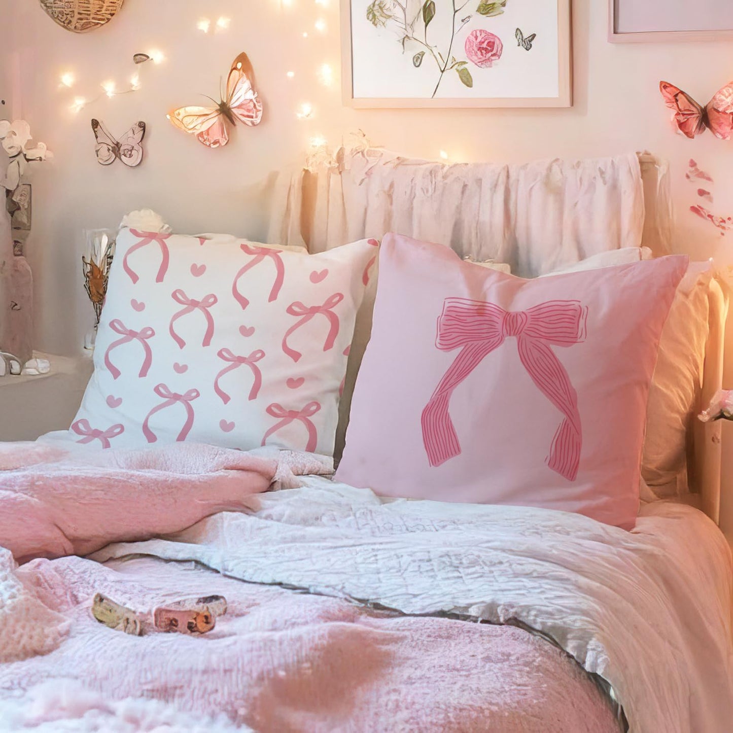 Coquette Room Decor,Pink Cute Bow Throw Pillow Covers 18x18 Set of 4,Gifts for Teen Girls Women,Pink Decorative Pillowcase for Sofa Couch Bedroom Chair Home