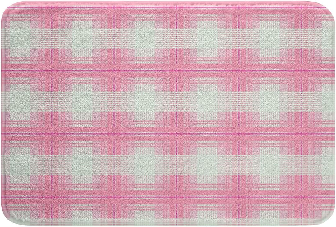 Manfei Pink Plaid Bath Mats Geometric Grid Checkered Bathroom Mats Rugs,Abstract Lattice Square Bath Carpets,Kids Boys Girls Room Decor,Non Slip Absorbent Plush Floor Rugs, 16Wx24L Inches