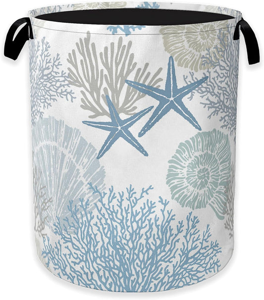 Collapsible Laundry Basket,Coastal Beach Dirty Clothes Hamper,Watercolor Shell Starfish Coral Hampers for Bedroom Waterproof Oxford Cloth Storage Organizer for Bathroom,Nursery,Dorm,16x20 Inch