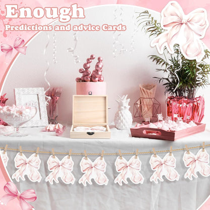 RattanView 50 Pcs Double Side Pink Bow Baby Shower Advice Cards for Baby Shower Games New Parents with Cards Wooden Keepsake Box for Wishes Decorations