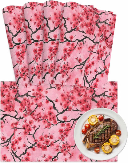 Chinese Flowers Placemats Set of 4, Washable PVC Kitchen Table Mats Place Mats, Spring Pink Peach Blossoms Floral Woven Vinyl Placemat for Dining Table, 13" x 19"
