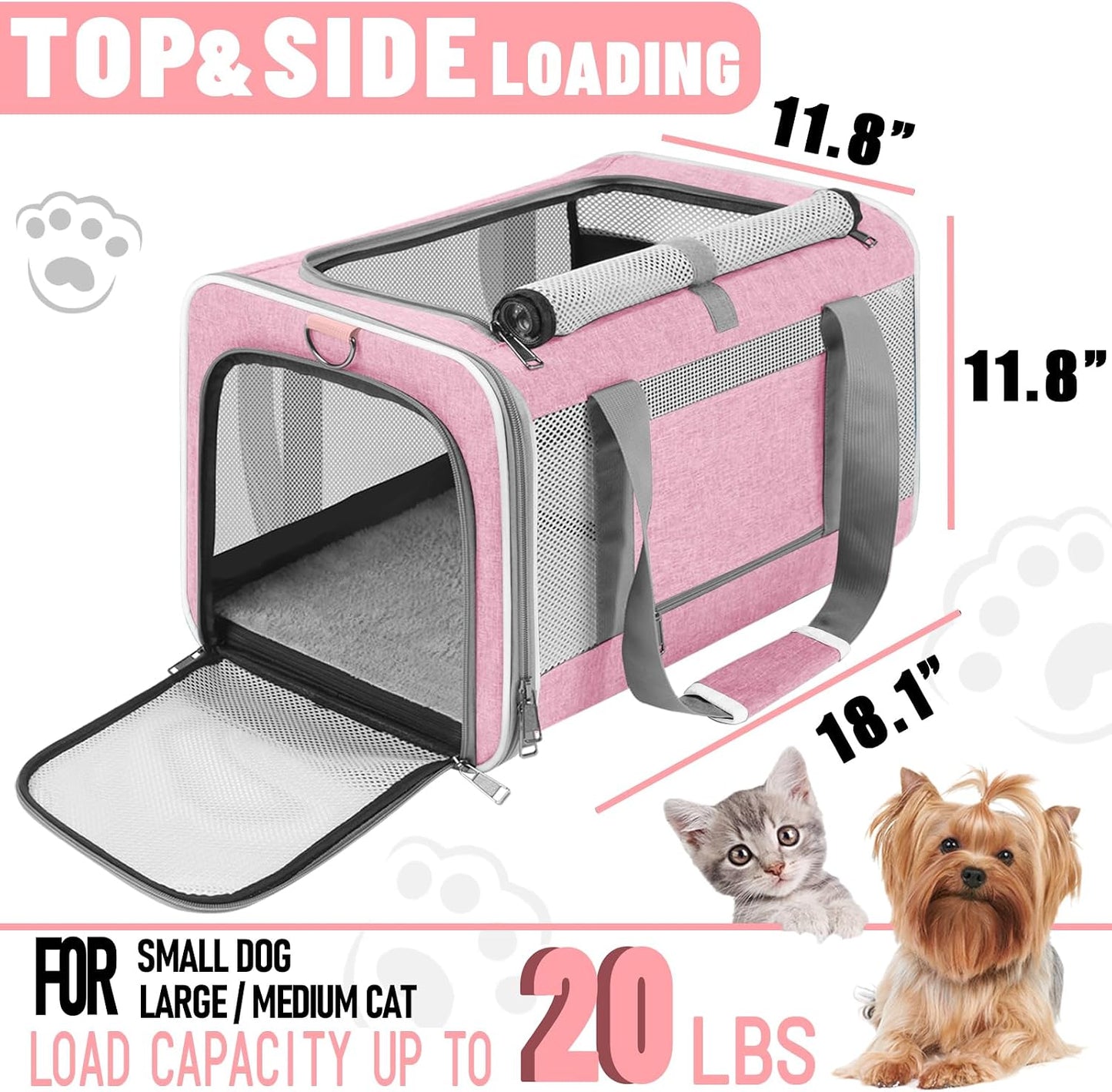 GAPZER Cat Carrier 20lbs Top Open/Soft Sided Small Pet Dog Travel Carrying Crate/Collapsible Puppy Transport Carry Bag/Sturdy Pet Cages Chihuahuas Mini Dog 10lbs Pink