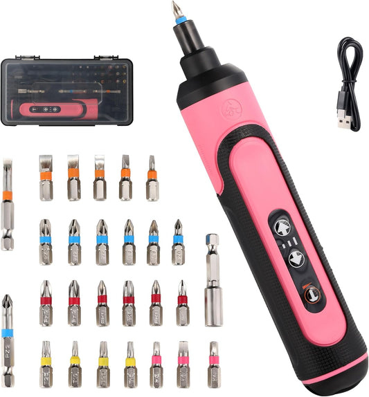 Electric Screwdriver Rechargeable, 4V Cordless Screwdriver, with 3 Gear Torque Adjustment and 26 Bits, Extension Rod, USB Charging Cable, Suitable for Furniture or Appliance Repair Pink
