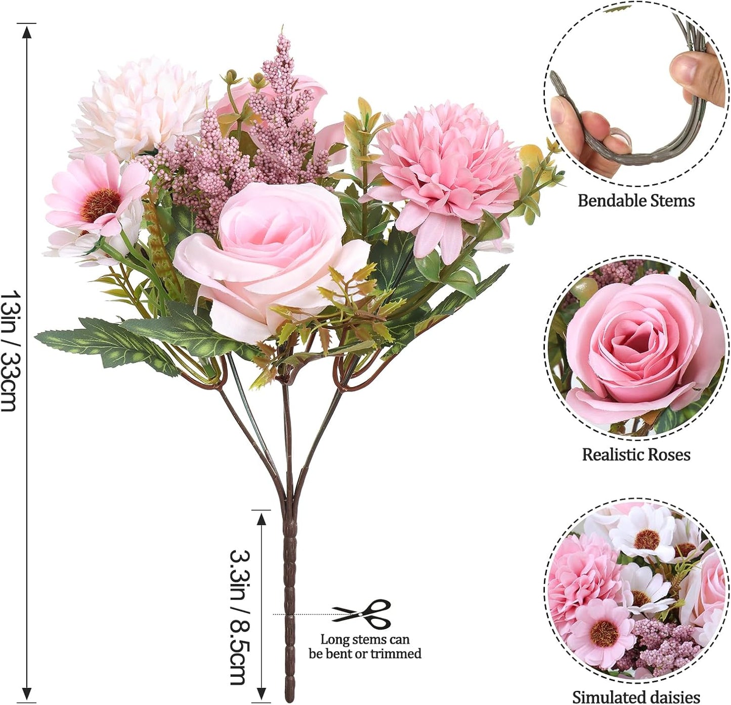 Dremisland Artificial Flowers Like Real Artificial Bouquet 2 Packs Silk Artificial Roses Bouquet with Daisy Chrysanthemum Pink Flowers for Valentines Day Centerpiece Table Wedding Party Decor