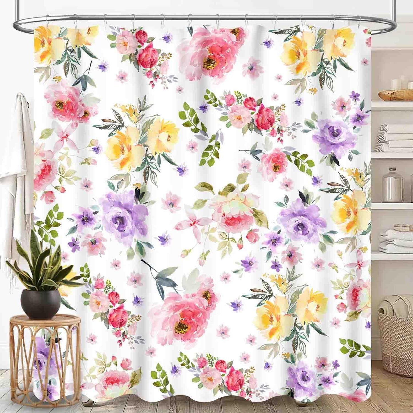 Pink Floral Shower Curtain, Watercolor Wildflower Spring Plant Botanical Aesthetic Country Farmhouse Girls Woman Waterproof Fabric Bathroom Shower Curtain Set with Hooks, 72"x84" Inch