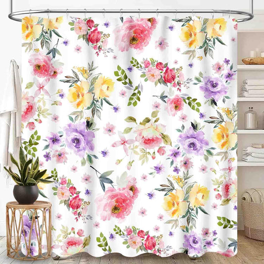 Pink Floral Shower Curtain, Watercolor Wildflower Spring Plant Botanical Aesthetic Country Farmhouse Girls Woman Waterproof Fabric Bathroom Shower Curtain Set with Hooks, 72"x84" Inch