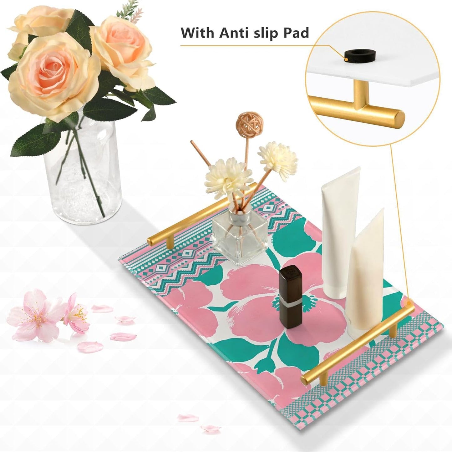Peach Simple Floral Decorative Rectangle Trays with Handles Modern Serving Tray for Jewelry Perfume for Farmhouse Serving bandeja de decoracion para sala